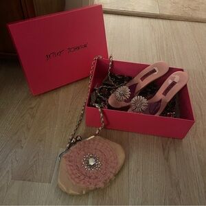 Betsey Johnson Pink Sandals with Beige Floral Clutch